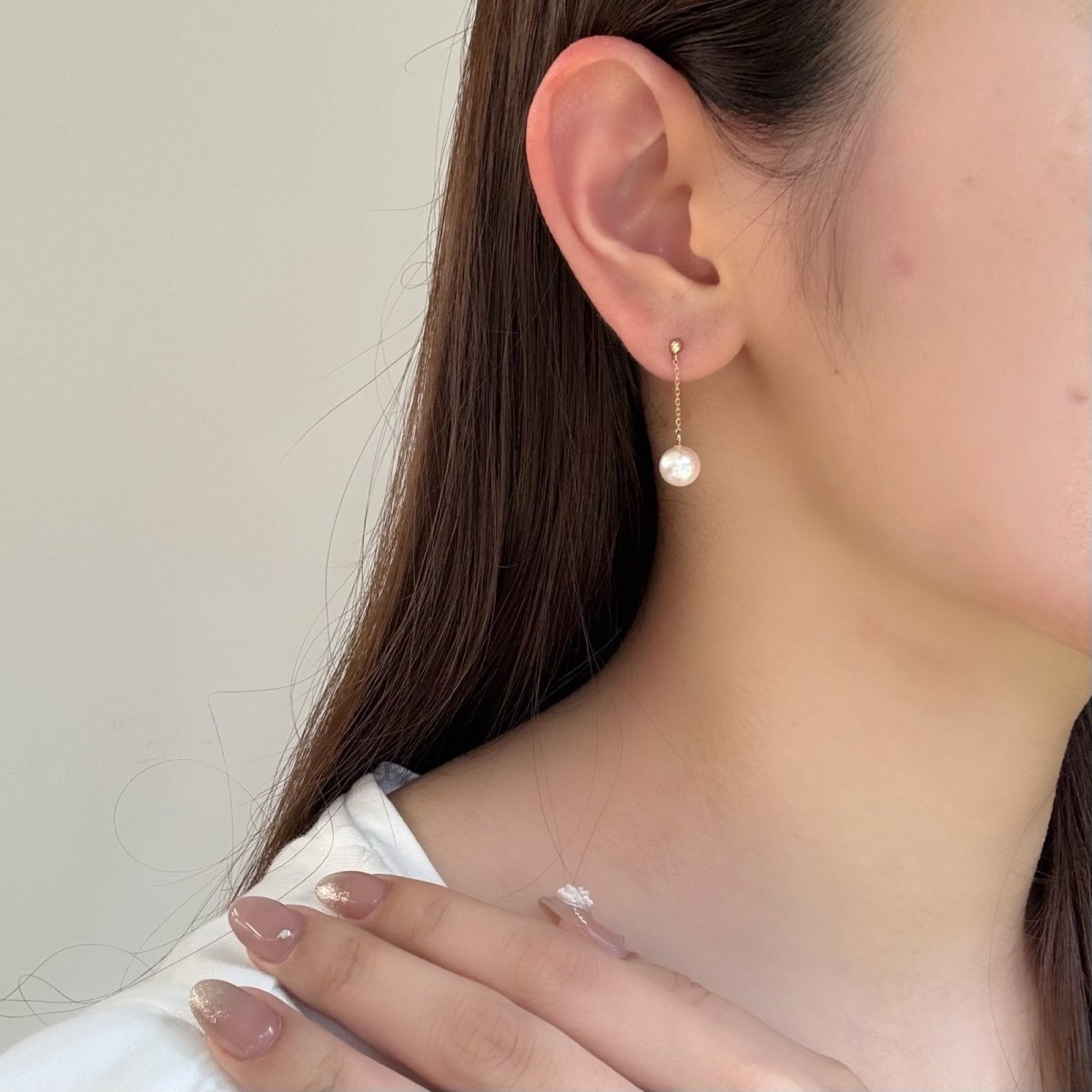 ≪1点物≫アコヤ真珠 チェーンパールピアス 7-7.5mm ホワイト ラウンド K18YG 