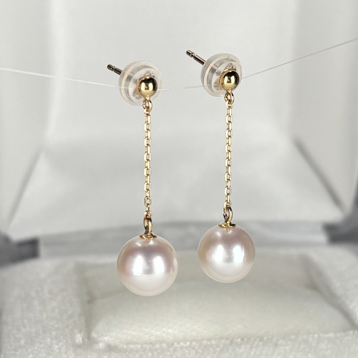 ≪1点物≫アコヤ真珠 チェーンパールピアス 7-7.5mm ホワイト ラウンド K18YG 