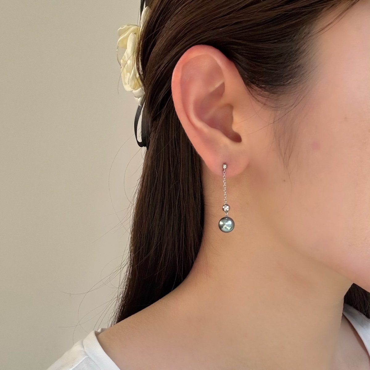 ≪1点物≫黒蝶真珠 チェーンパールピアス 7.5-8mm グリーン系 セミラウンド Pt GIA宝石鑑定士保証書付き 