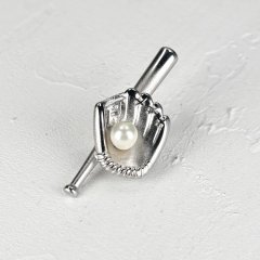 アコヤ本真珠  ピンブローチ  野球モチーフ バット グローブ 4.5-5mm ホワイト ラウンド ブラス