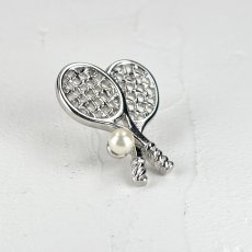 アコヤ本真珠 パールタックピン テニスラケットモチーフ 4-4.5mm ホワイト ラウンド ブラス