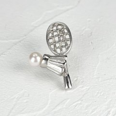 アコヤ本真珠 パールタックピン タックブローチ バドミントンモチーフ 4-4.5mm ホワイト ラウンド ブラス