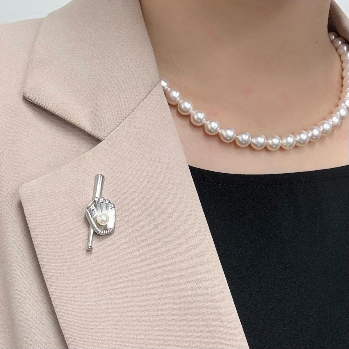 画像6: アコヤ本真珠  ピンブローチ  野球モチーフ バット グローブ 4.5-5mm ホワイト ラウンド ブラス (6)