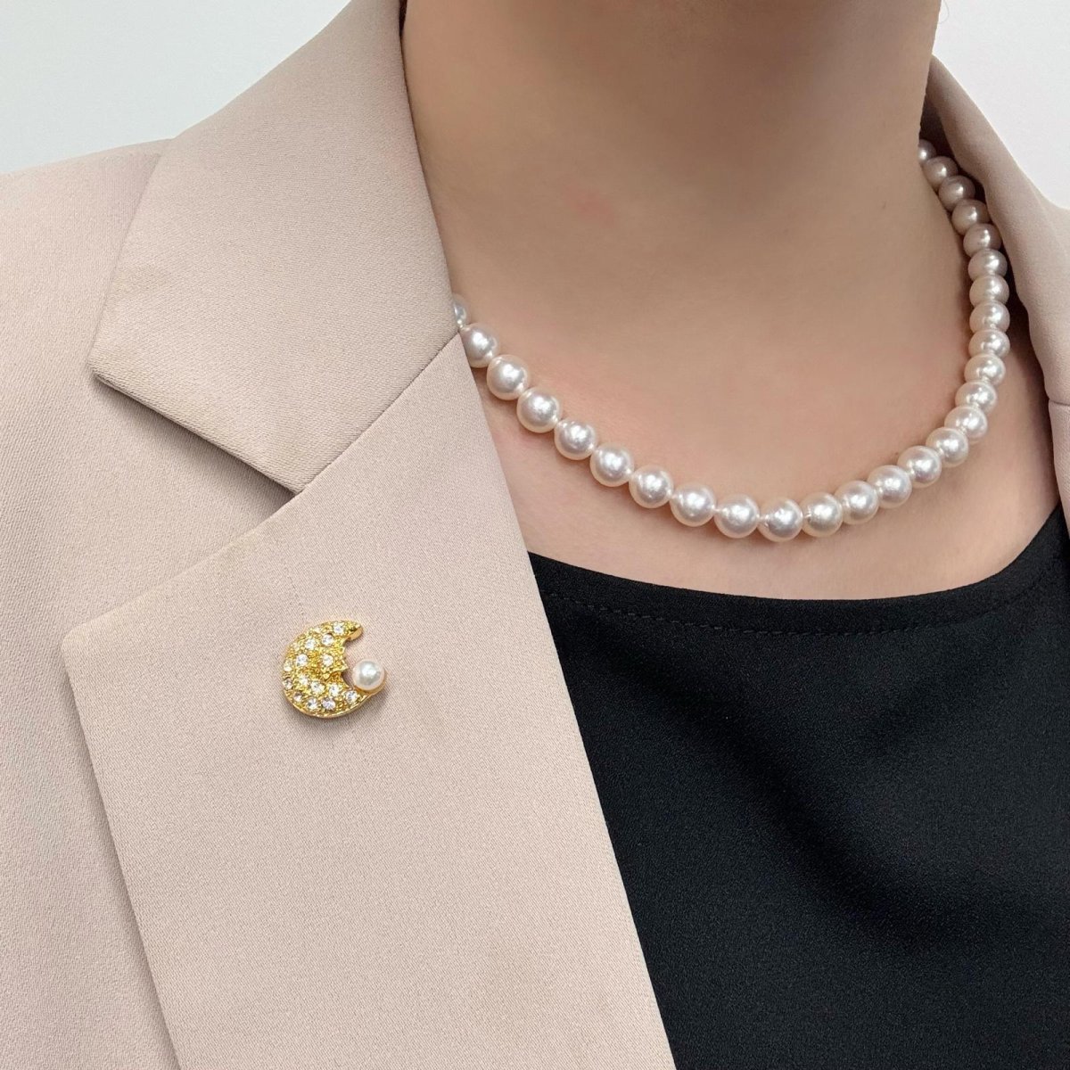 画像4: アコヤ真珠 ピンブローチ 4.5-3mm ホワイト ラウンド ブラス クリスタル 月モチーフ 星モチーフ メール便配達 (4)