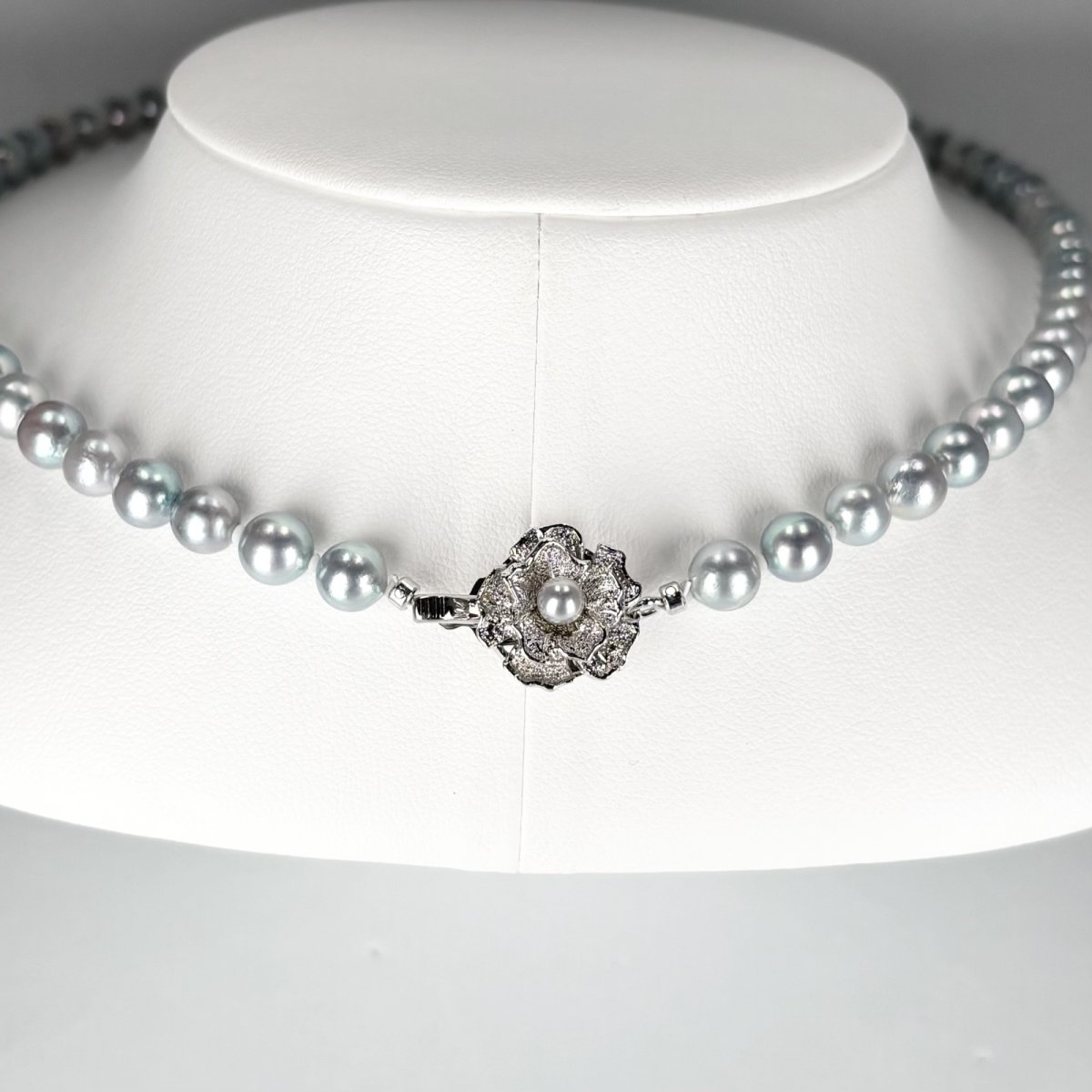 画像7: アコヤ真珠 シルバーグレーネックレス コバルト処理 6-6.5ｍｍラウンド〜セミラウンド シルバー製750 約42cm GIA宝石鑑定士保証書付き  (7)