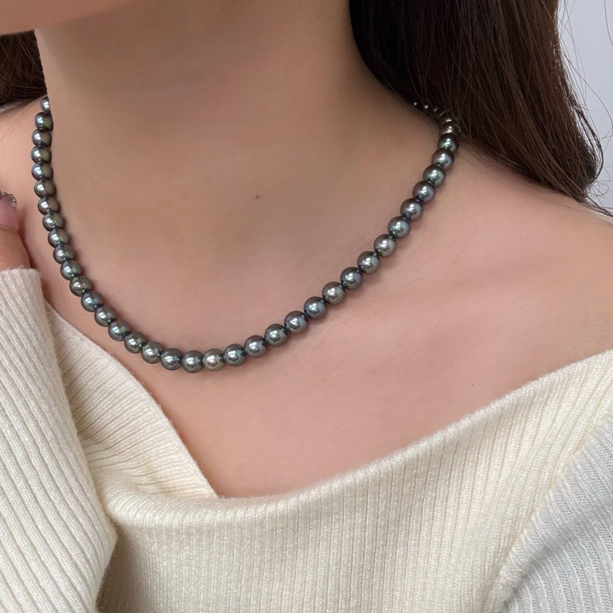 画像7: アコヤ黒真珠 ブラックパールネックレス(ブルー,グリーン系) 6.5-7ｍｍ ラウンド〜セミラウンド 約42cm シルバー製 GIA宝石鑑定士保証書付き (7)