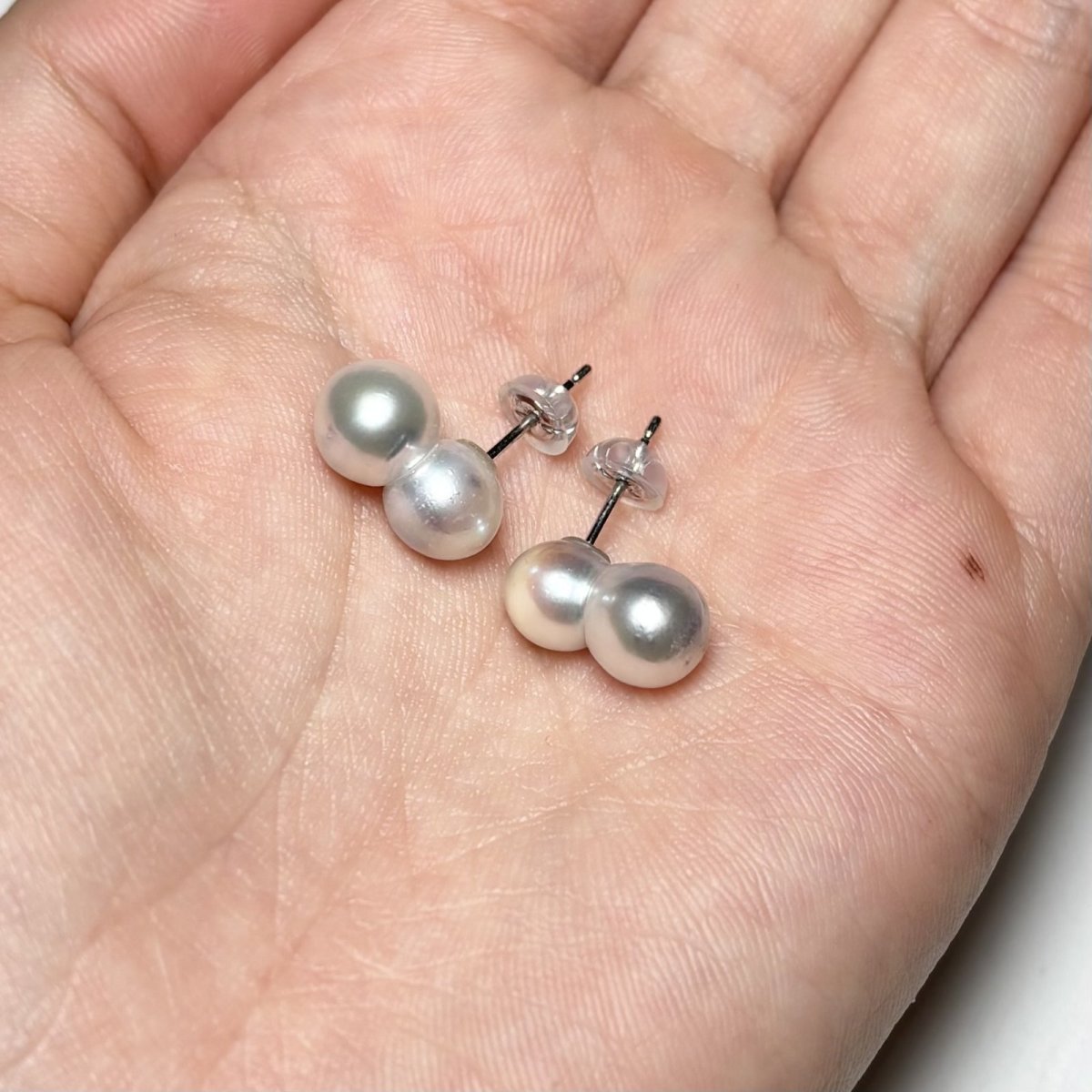 画像4: アコヤ真珠 ツインパールピアス イヤリング 7-8ｍｍ ナチュラルグレー 無調色 K14WG K18YG SV925 (4)