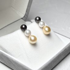 アコヤ真珠 3連パールピアス ホワイト ブラック ゴールド 5-5.5ｍｍ  6.5-7mm ラウンド バロック K18YG