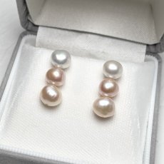 淡水真珠 3連パールピアス イヤリング 6-7ｍｍ 7-8mm ホワイト ピンク オレンジ フラットバロック型 SV925製