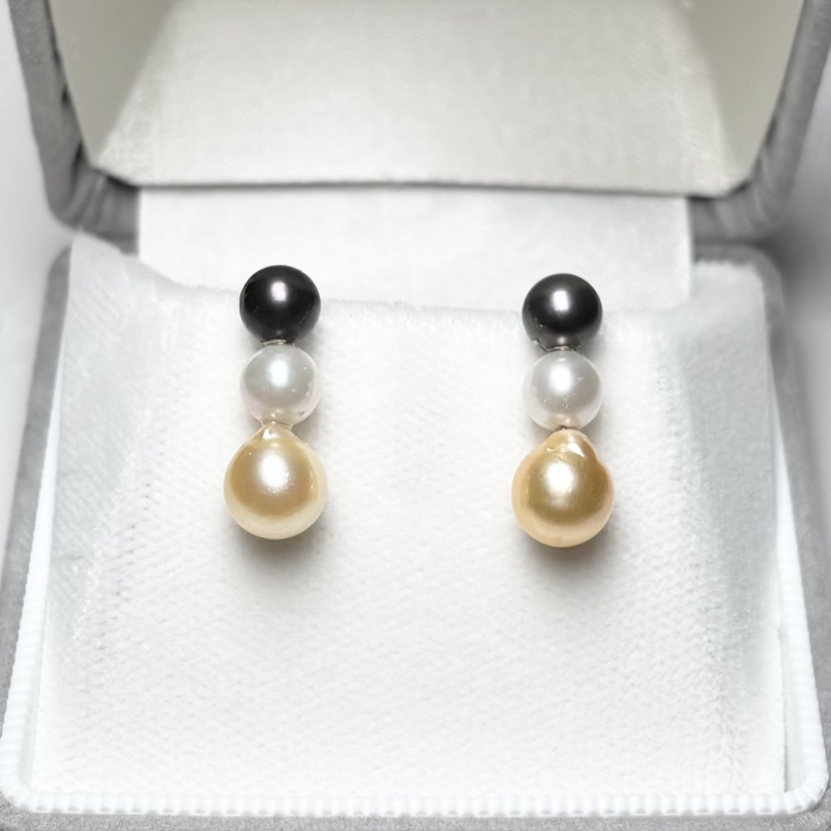 画像2: アコヤ真珠 3連パールピアス ホワイト ブラック ゴールド 5-5.5ｍｍ  6.5-7mm ラウンド バロック K18YG (2)
