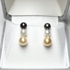 画像2: アコヤ真珠 3連パールピアス ホワイト ブラック ゴールド 5-5.5ｍｍ  6.5-7mm ラウンド バロック K18YG (2)