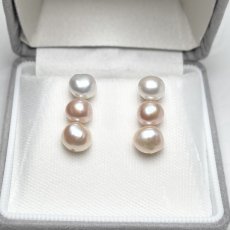 淡水真珠 3連パールピアス イヤリング 6-7ｍｍ 7-8mm ホワイト ピンク オレンジ フラットバロック型 SV925製