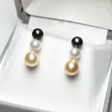 画像1: アコヤ真珠 3連パールピアス ホワイト ブラック ゴールド 5-5.5ｍｍ  6.5-7mm ラウンド バロック K18YG (1)