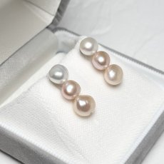 淡水真珠 3連パールピアス イヤリング 6-7ｍｍ 7-8mm ホワイト ピンク オレンジ フラットバロック型 SV925製
