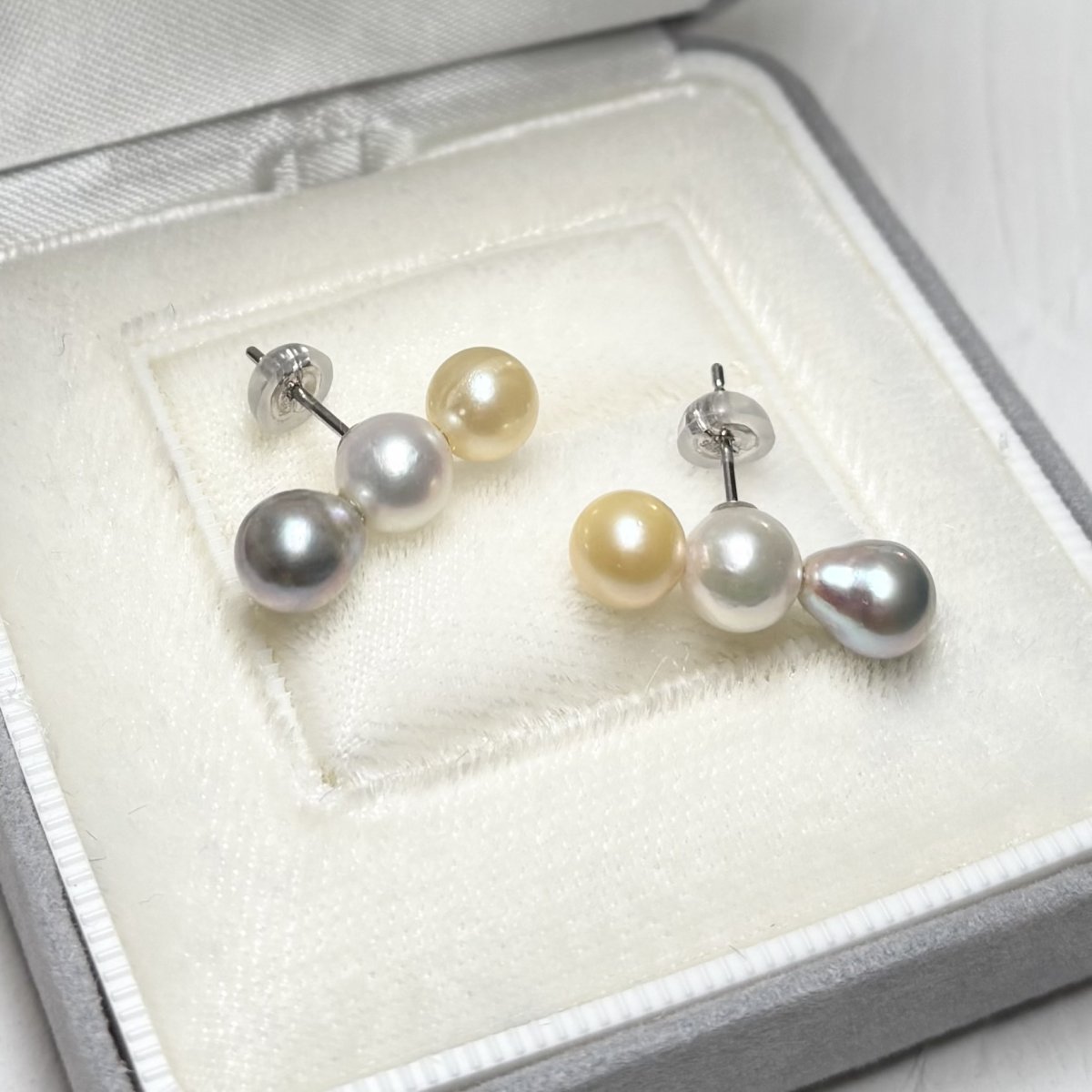 画像4: アコヤ真珠 3連パールピアス ホワイト イエロー グレー 6-6.5ｍｍ  6.5-7mm バロック型  K14WG (4)