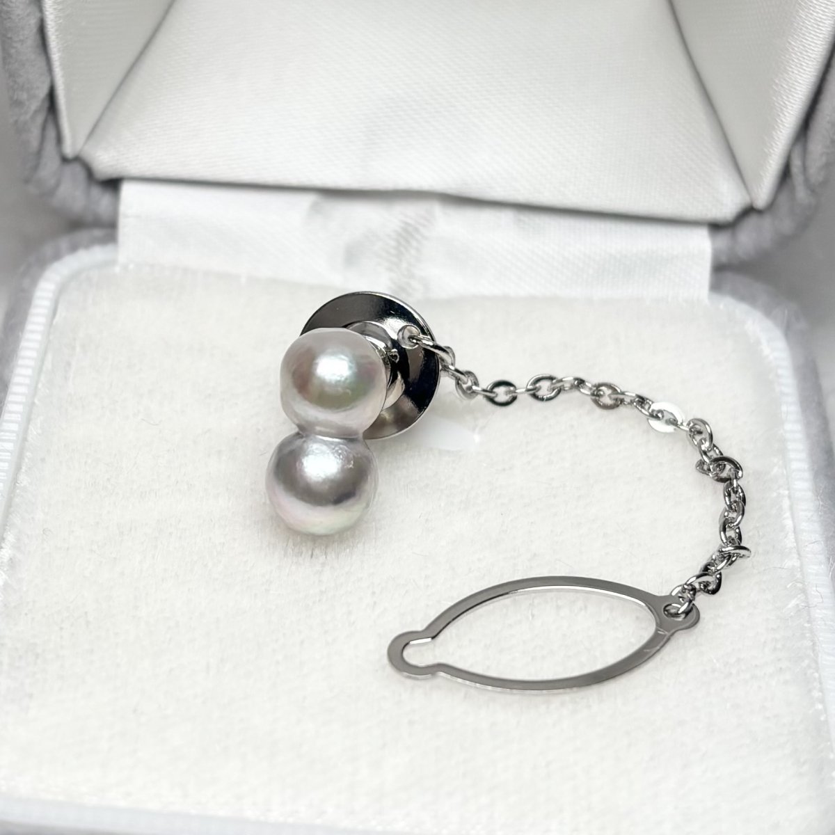 アコヤ真珠 ツインパール ピンブローチ タイタック ネクタイピン付き有り 7-8mm ナチュラルグレー 無調色 ユニセックス