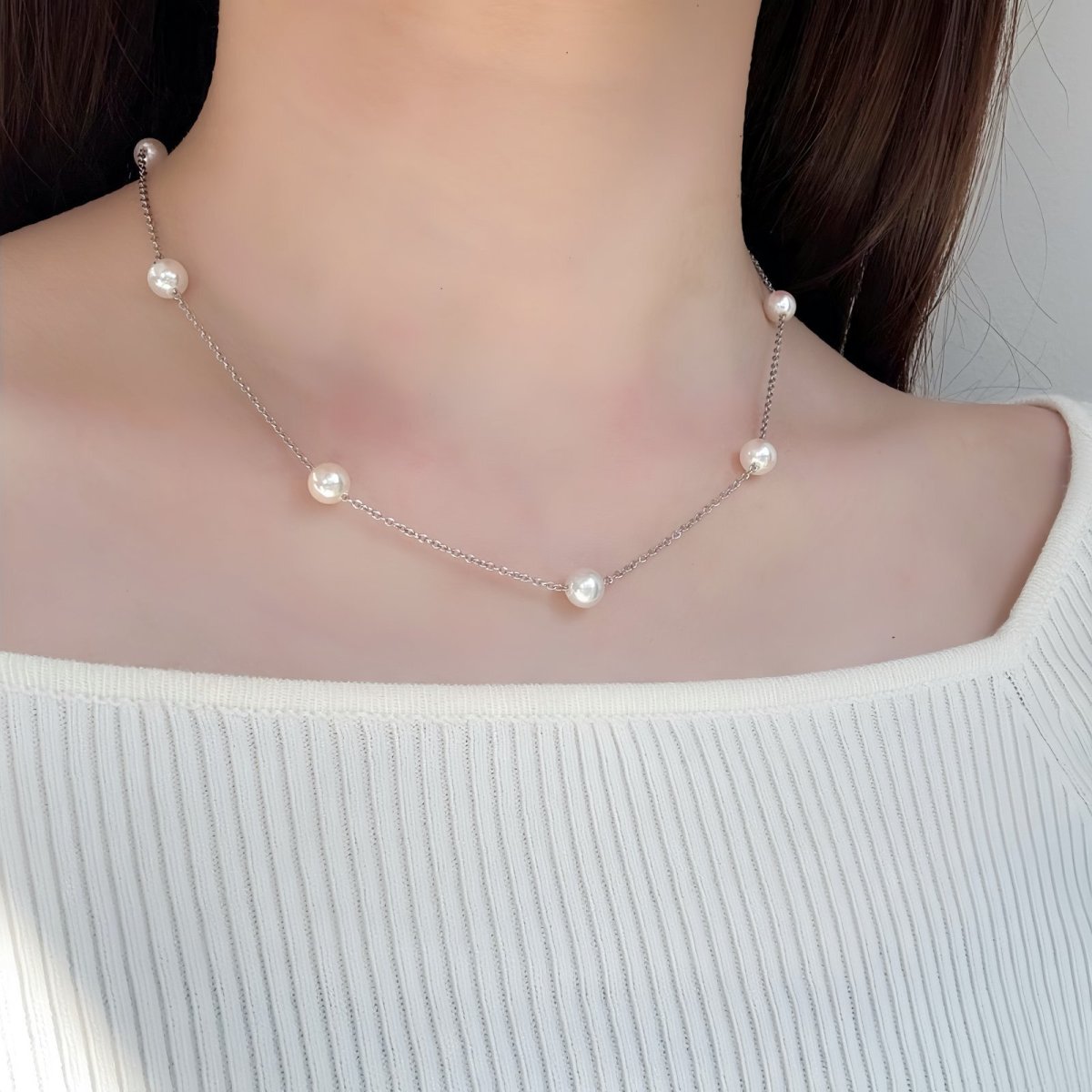 画像5: アコヤ真珠 ステーションネックレス 6-6.5ｍｍ ホワイト ラウンド シルバー製 40cm＋5cm  (5)