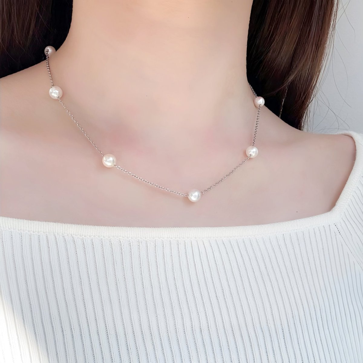 アコヤ真珠 ステーションネックレス 6-6.5ｍｍ ホワイト ラウンド シルバー製 40cm＋5cm 