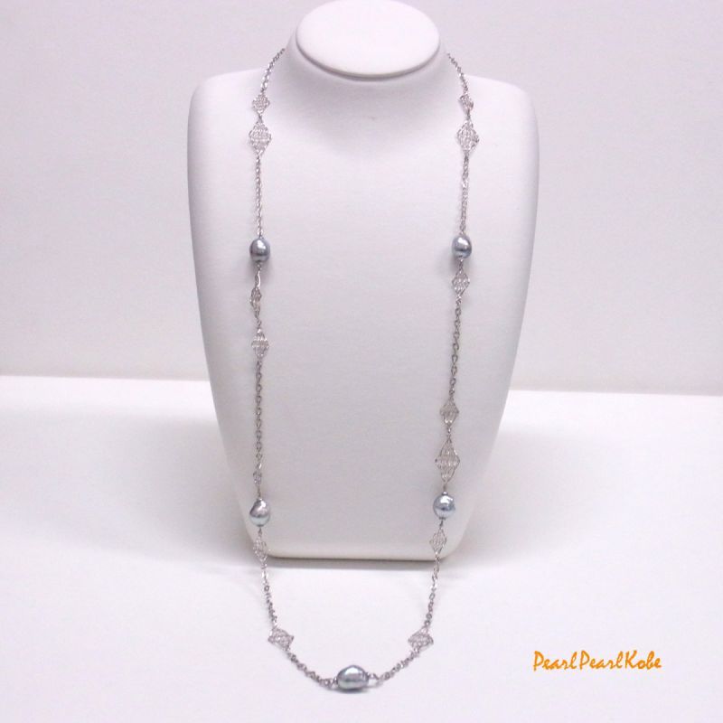 パールネックレス 本真珠 ロングネックレス エレガント 個性的 フォーマル ナチュラルグレー バロック真珠 無調色 珍しい 限定品