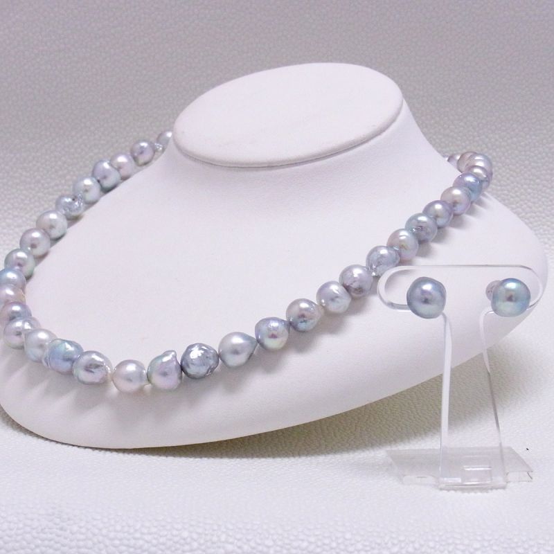 真珠ネックレス・ピアスセット アコヤ本真珠 バロック ナチュラルグレー 無調色 希少 フォーマル 個性的 豪華