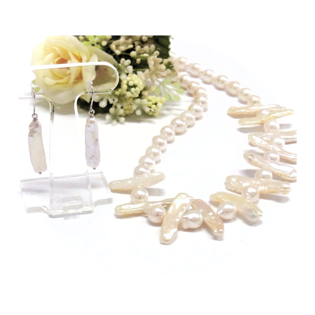 真珠ネックレス デザインネックレス アコヤ本真珠 淡水真珠 バロック真珠 スティック型 ホワイト 個性的 フォーマル エレガント カジュアル