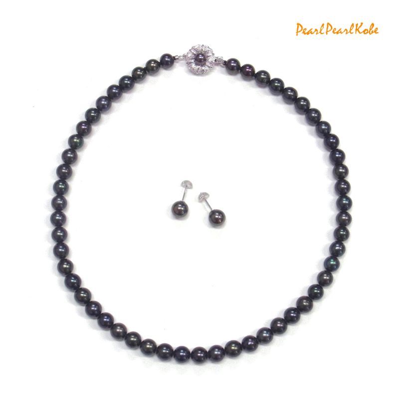 真珠ネックレス アコヤ本真珠 フォーマル 黒真珠 ブラックパール お葬式 法事 喪 冠婚葬祭 定番セット セット ７ ５ ８ｍｍ