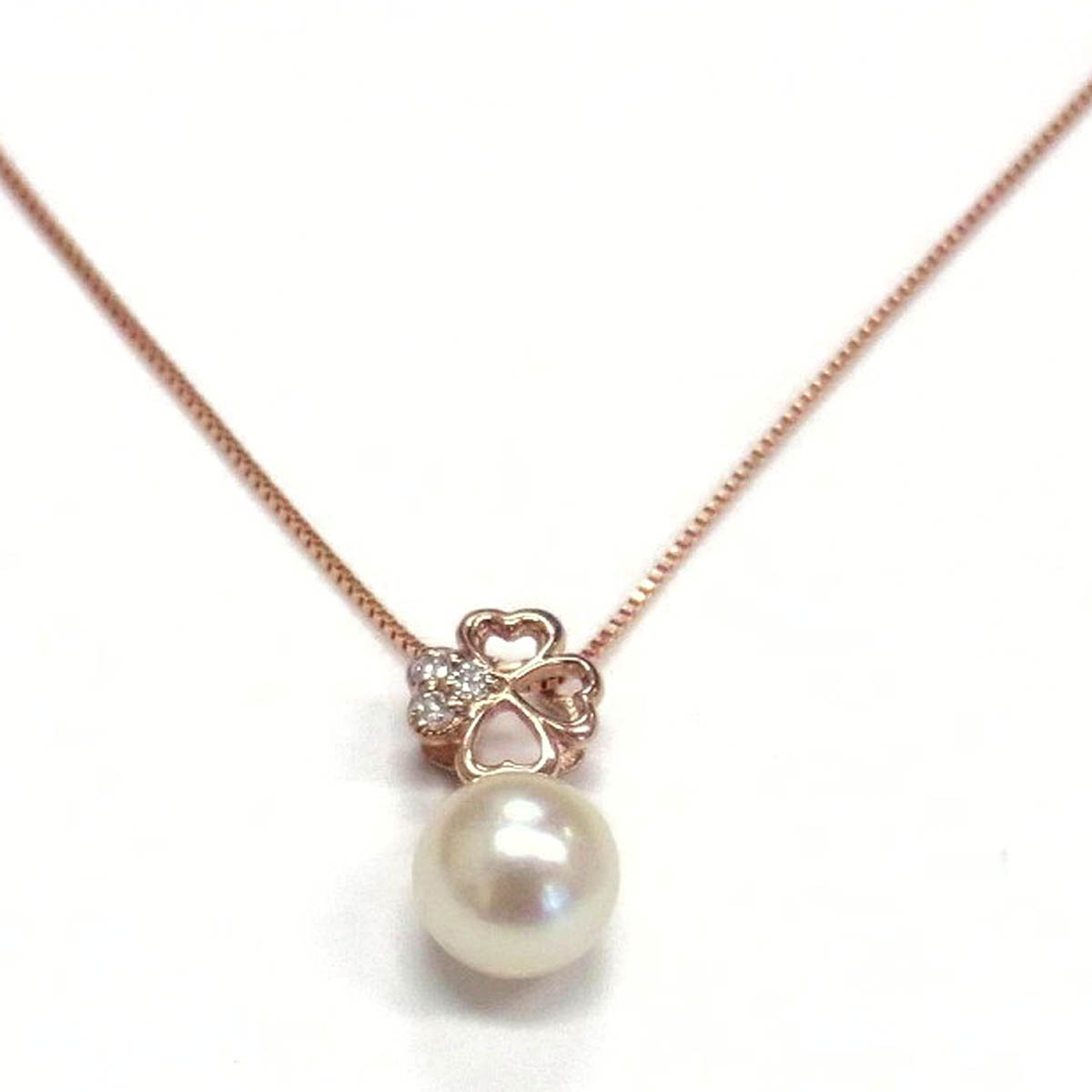 10金ピンクゴールド クローバー パールネックレスセット パールペンダント ダイヤ 本真珠 贈り物