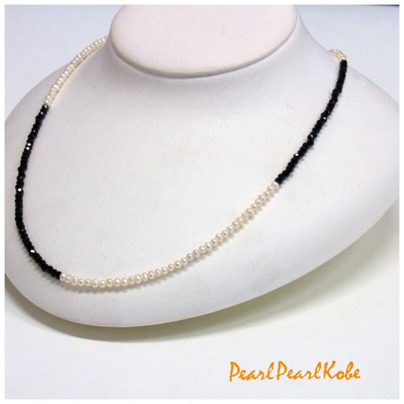 ブラックスピネル&ベビーパールネックレス 2.5-3mm モノトーン 淡水
