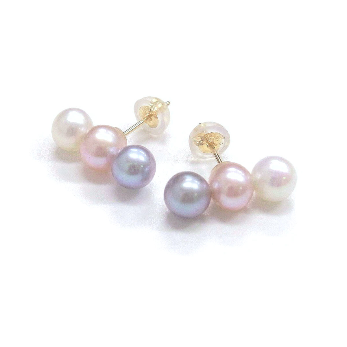 3連パールピアス 淡水真珠 ホワイト ピンク グレー K18YG
