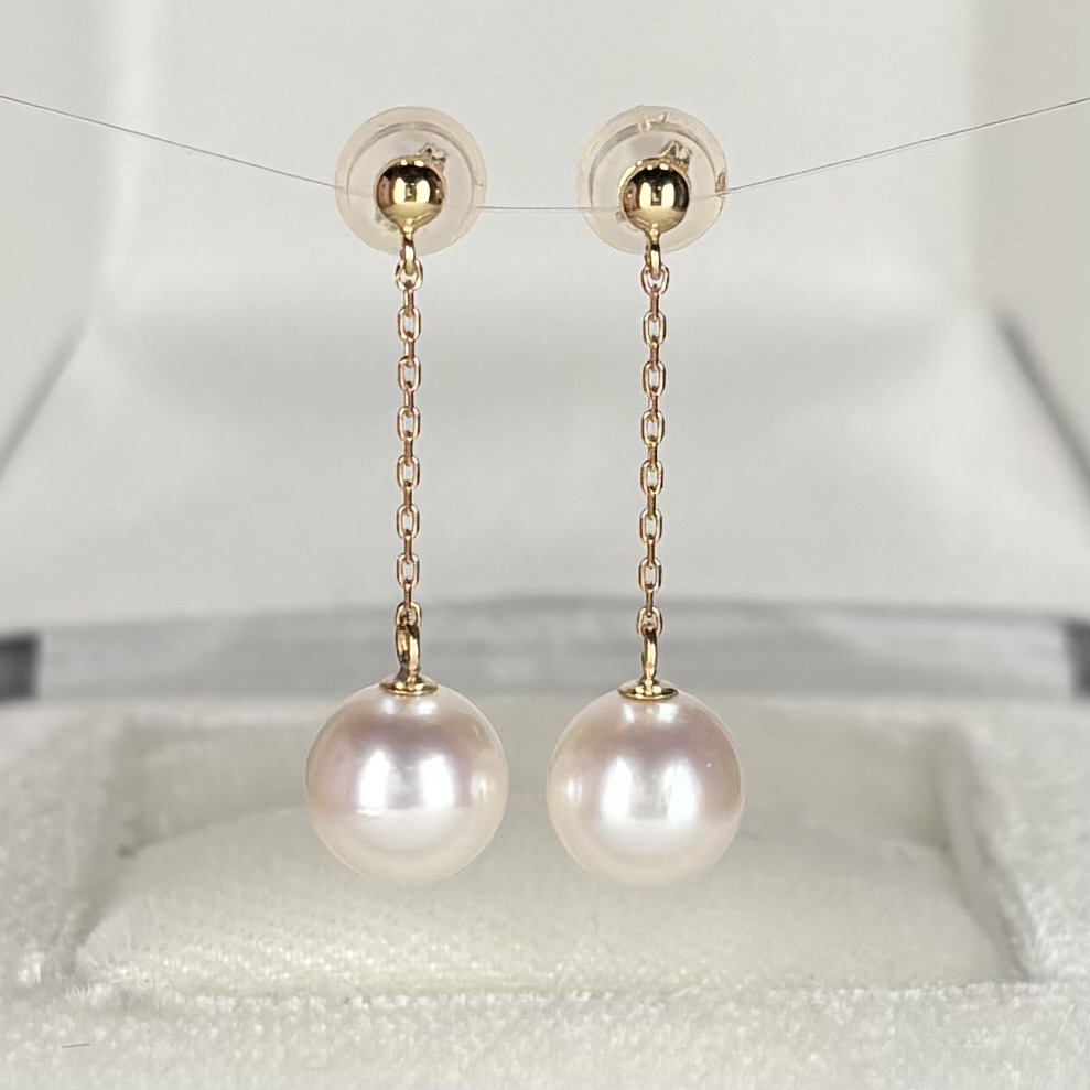 ≪1点物≫アコヤ真珠 チェーンパールピアス 7-7.5mm ホワイト ラウンド K18YG 