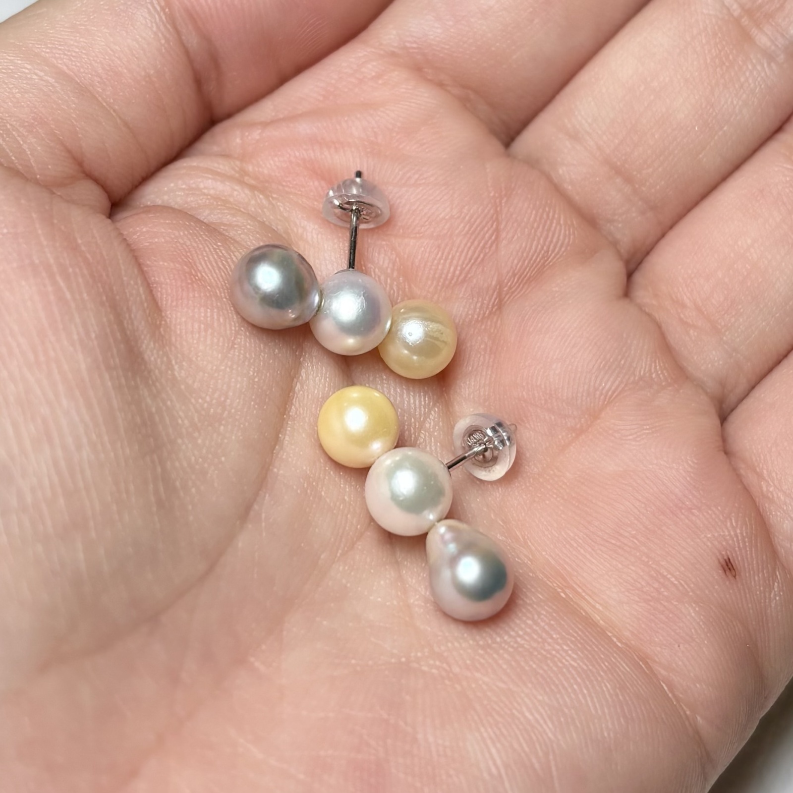 真珠 3連パールピアス ホワイト イエロー グレー 6-6.5mm 6.5-7mm